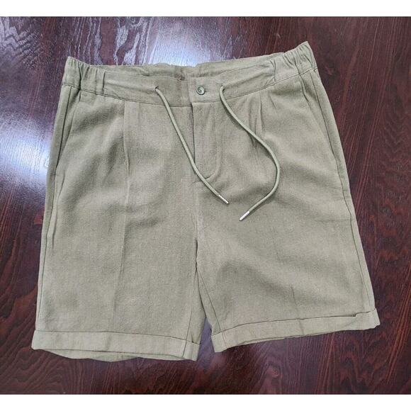 ESNTLS Mens Chino Drawstring Pleated Cuffed Casual Preppy Shorts Stretch Green M - Picture 2 of 10